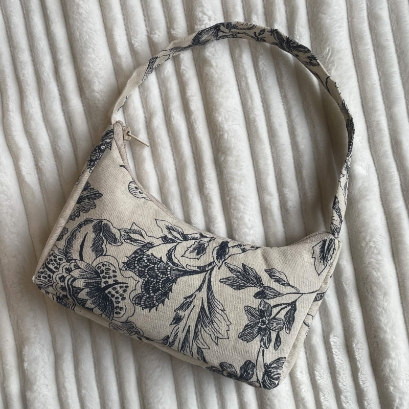 Cream and Blue Floral Baguette Bag